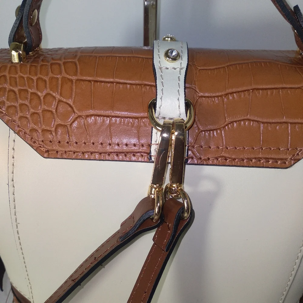 House of Harlow 1960 Brown & Cream Genuine Leather Rhinestone Stud Backpack